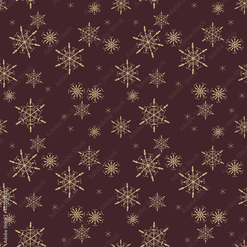 Golden vector snowflakes seamless pattern. Elegant Christmas and New Year background texture with snow, small hand drawn snowflakes. Winter holidays theme. Gold and brown color. Luxury repeat design Golden vector snowflakes seamless pattern. Elegant Christmas and New Year background texture with snow, small hand drawn snowflakes. Winter holidays theme. Gold and brown color. Luxury repeat design