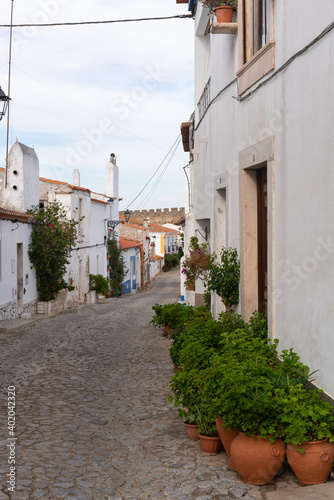 Traditional houses and castle on the Alentejo village of Terena, in Portugal