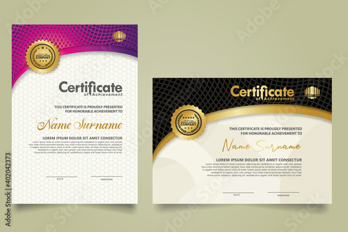 Set vertical and horizontal certificate template with lines circle pattern and wave checkered lines pattern ornament. Diploma. Vector illustration