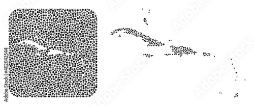 Map of Caribbean Islands mosaic designed with circle dots and subtracted space. Vector map of Caribbean Islands collage of round dots in different sizes and gray shades.