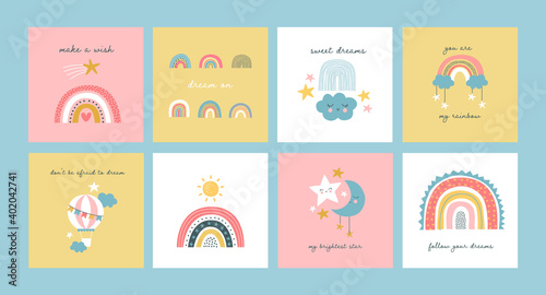 Cute children greeting card set. Big bundle of kid illustration in pastel color with adorable message. Sweet cartoon designs include rainbow, cloud. Love messages for birthday gift, baby shower.