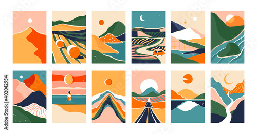 Big set of abstract mountain landscape banner collection. Trendy flat collage art style backgrounds of diverse vintage travel scenery. Nature environment, coast biome, multicolor hills, desert dunes.