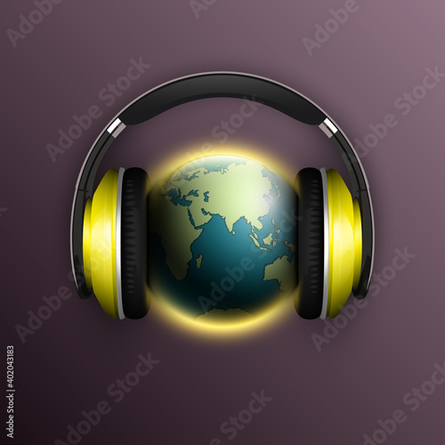 world map headphones. Globe headphone icon, space sunlight. Planet Earth sunny glow background earphones. Continents world Sunshine picture. Colorful solar eclipse earphones poster presentation