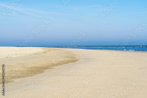 Yellow empty beach at the Dutch North Sea in summer with blue sky and sea
