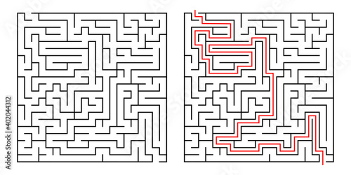 Abstract labyrinth for kids and adult on white background. Vector illustration with black square maze. Labyrinth with entry and exit. 