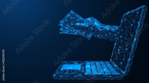 The hand from the monitor of the personal computer gives money bills. The concept of online payment and e-commerce. Polygonal design. Blue background