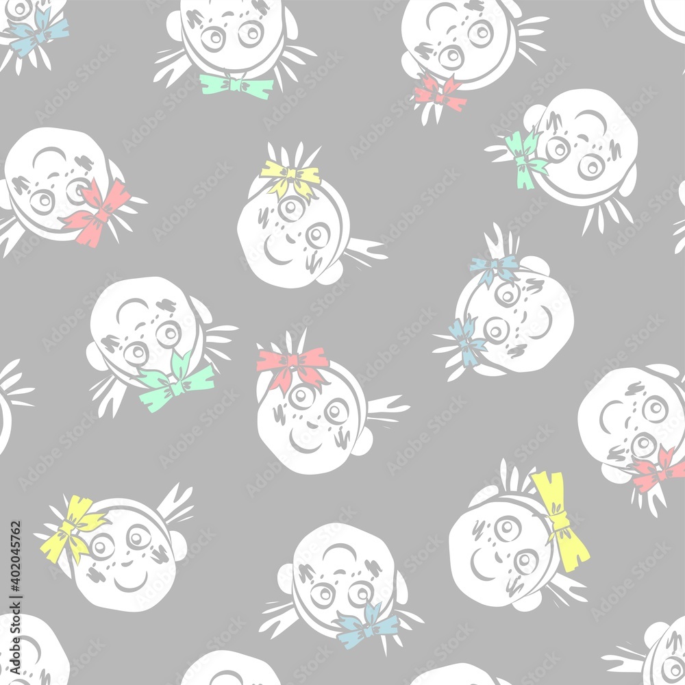 Smiley Kids faces pattern scattered on grey