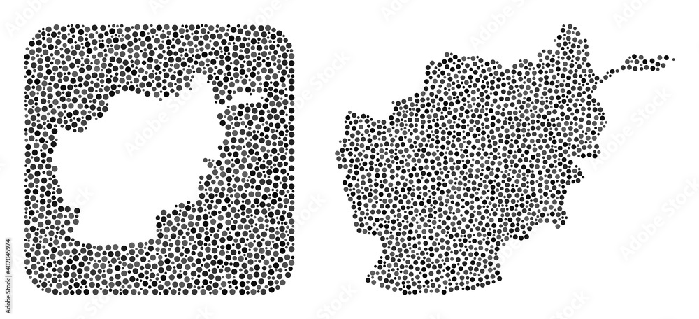 Map of Afghanistan mosaic composed with circle dots and cut out shape. Vector map of Afghanistan mosaic of circle spots in different sizes and gray color hues. Designed for education agitprop.