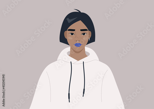 Gen z lifestyle portrait, a young female character wearing trendy clothes and bright blue lipstick, youth subcultures