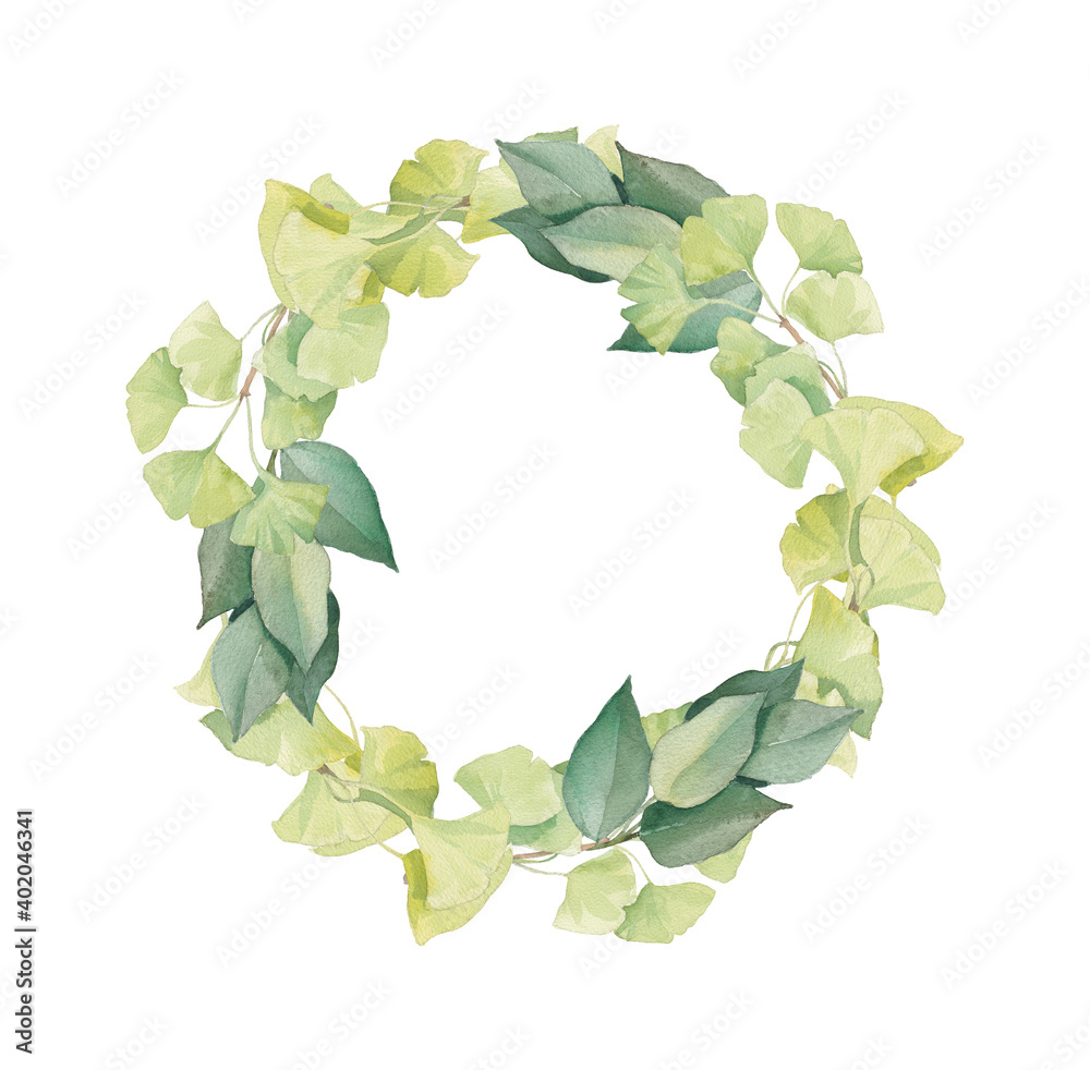 Fototapeta premium Green watercolor wreath of ginkgo and eucalyptus leaves