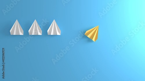 Concept d'adaptation ou de choix stratégique. Trois avions en papier prennent une direction, alors qu'un autre avion prend une autre décision. Rendu 3D. photo