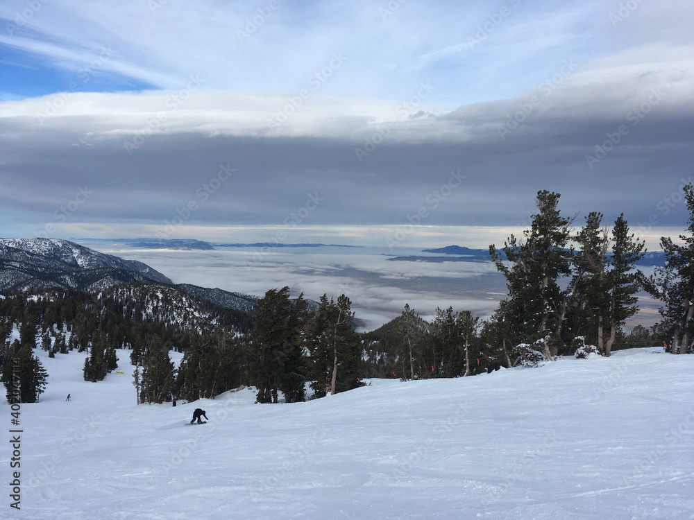 Carson valley views from a ski resort on a cloudy winter day in Tahoe