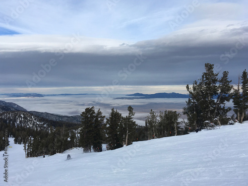 Carson valley views from a ski resort on a cloudy winter day in Tahoe