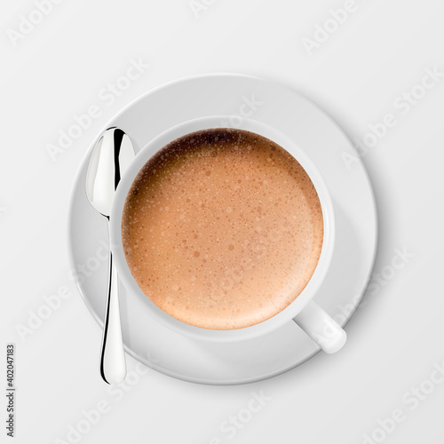 Vector 3d Realistic White Porcelain Ceramic Mug, Milk Coffee, Foam and Steel Silver Spoon Isolated on White Background. Capuccino, Latte. Vector illustration. Design Template for Mockup. Top View