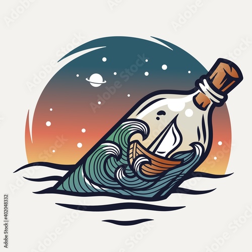 Marine boat swing on the waves inside the bottle at starry sky space. Nautical wanderlust and adventure illustration