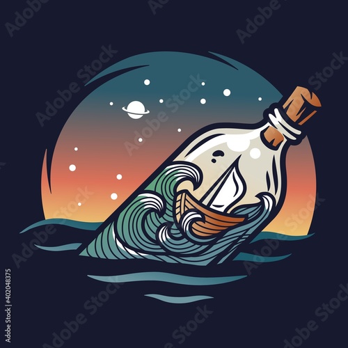Marine boat swing on the waves inside the bottle at starry sky space. Nautical wanderlust and adventure illustration