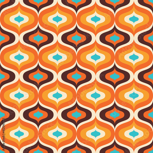 Backround mid-century modern art. Abstract geometric seamless vector pattern. Decorative ornament in retro vintage design style. Atomic stylized backdrop. 