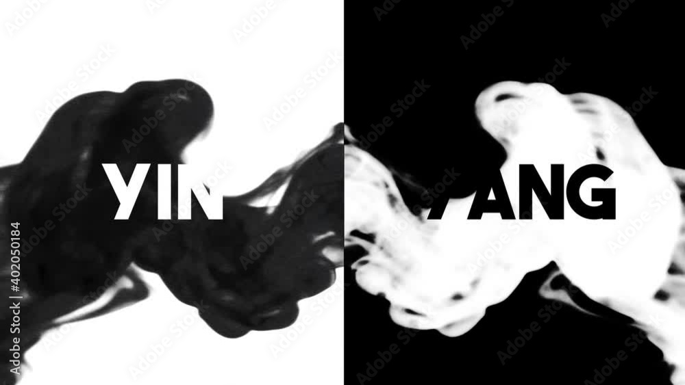 A visual philosophical dichotomy, Yin oppositing Yang, appearing as text from ink dropping into water (split screen).
