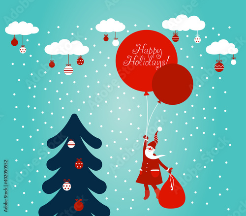 Funny Santa Claus flying with balloons. Christmas and Happy Holidays vector card