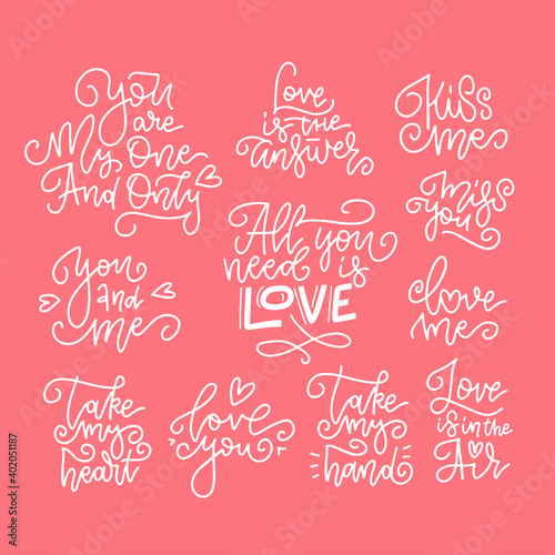 Set of decorative design elements representing Valentine's day related quotes and words. Hand written linear texts on red background for banners abd cards.