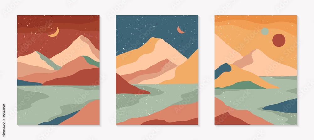 Set of creative abstract mountain landscape backgrounds.Mid century modern vector illustration with hand drawn mountains;lake or river; sky,moon or sun.Trendy contemporary design.Wall art decor.