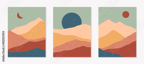 Set of creative abstract mountain landscape backgrounds.Mid century modern vector illustrations with  mountains or desert dunes; sky, sun or moon.Trendy contemporary design.Futuristic wall art decor.