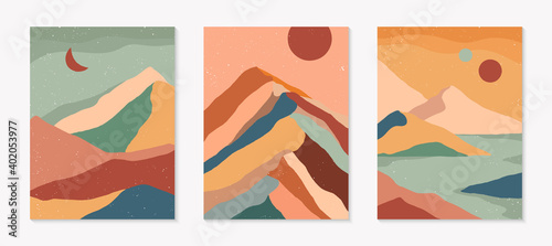 Set of creative abstract mountain landscape and mountain range backgrounds.Mid century modern vector illustrations with hand drawn mountains,sea or desert,sky,sun,moon.Trendy contemporary design.