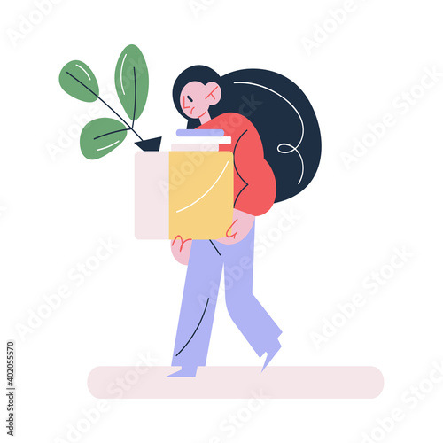 Unhappy young woman worker carrying belongings from office feeling depressed with dismissal