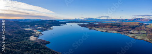 aerial view of loch creran, glen creran and offshore islands on the west coast of the argyll region of the highlands of Scotland during winter photo