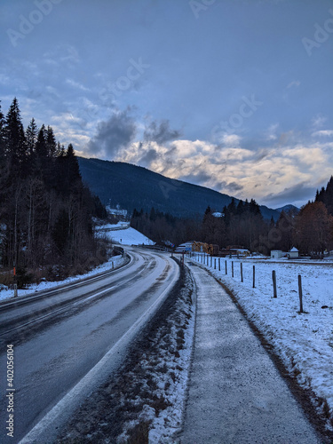 snow, winter, mountain, landscape, road, cold, sky, forest, trees, nature, tree, mountains, blue, ice, white, travel, ski, slope, snowy, frost, season, alps, frozen, view, highway