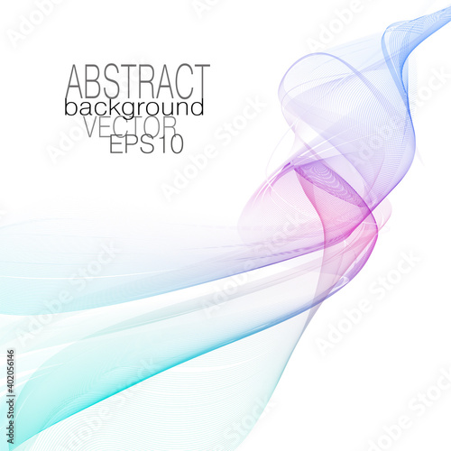 Blue, purple, teal smoky curved lines. Dynamic waves of soft gradient. Airy line art pattern. Flying veil, multicolored squiggles. Vector abstract design. White background. EPS10 illustration