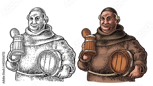 Fotografija Monk holding wood beer mug and barrel