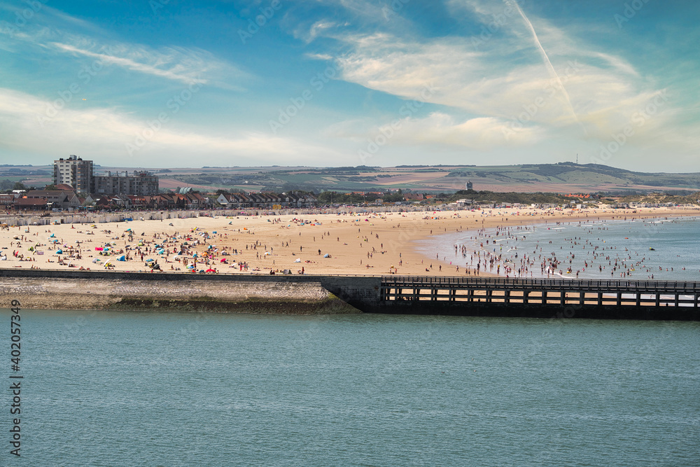 Crowded beach in Calais, France during summer 2020