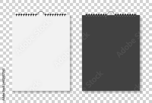 Mockup of square calendar with spiral. Mock up of notebook isolated on background. Blank template of calender for wall. White paper sheets with binding. Black, white diary with binder. Vector
