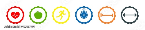 Icons of healthy life. Lifestyle with run, health eat, exercise in gym, dumbell and sleep. Measure weight and loss fat. Watch calories in eat. Infographic for fitness, heart and active body. Vector