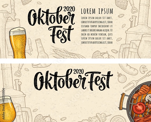 Horizontal poster to oktoberfest 2020 festival. Vintage color vector engraving