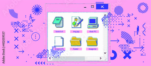 Vaporwave retro user interface with open blank window of text editor. Retrofuturistic abstract illustration with pixel glitches.