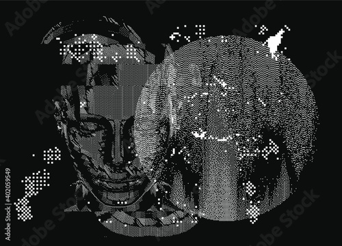 Head silhouette made of pixels and particles. Vector illustration in retrowave cyberpunk style like in old computer graphics of 80s years.
