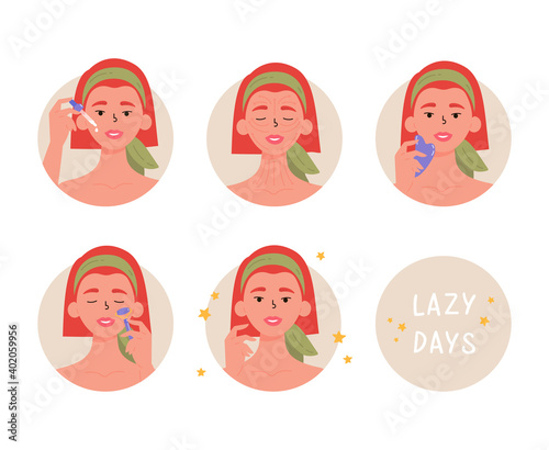 Woman with bottle of face oil, facial gua sha stone and roller. Instructions for facial massage with massage lines. Anti-aging skin care method step by step. Lazy days. Vector illustration. 