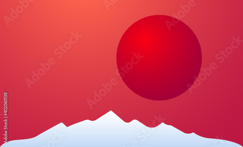 Sunset in mountain Vector illustration with copy space Big red round solar disk above snowy mountain peacks on red gradient background