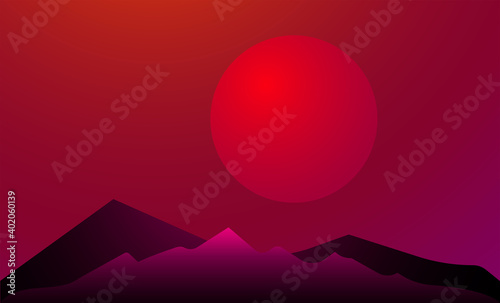 Sun and mountains Vector template for posters and banners Landscape of mountain peaks with bright solar disk on red sky backdrop