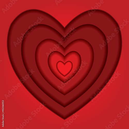 Red hearts in the style of paper cut. Vector illustration of red hearts