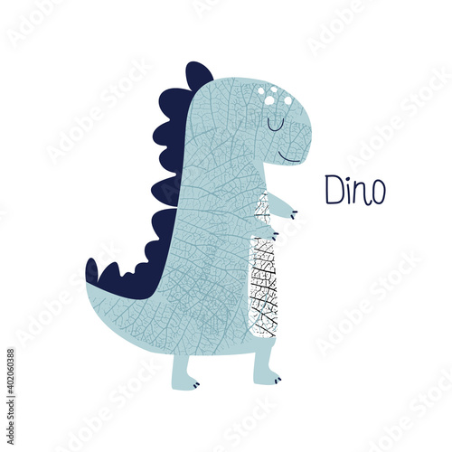 Blue  cartoon dinosaur. Kids cute print. Vector hand drawn illustration.