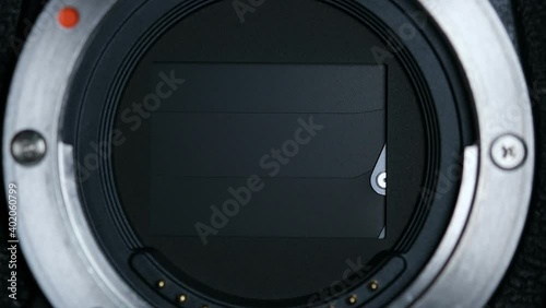 Close up view of camera sensor shutter slow motion,mirrorless technology system