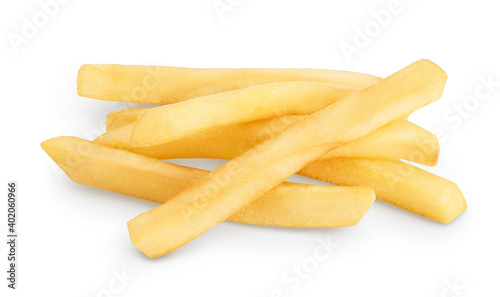 French fries or fried potatoes isolated on white background with clipping path and full depth of field