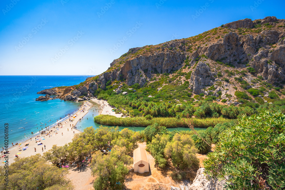 Preveli beach at Libyan sea, river and palm forest, southern Crete , Greece