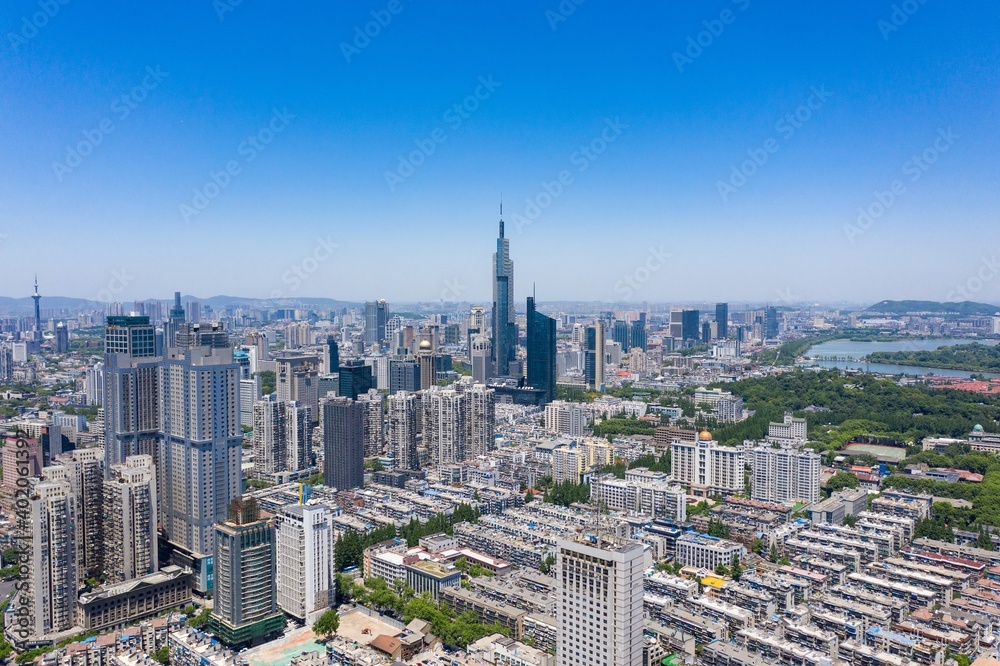 Fototapeta premium Aerial view of urban Nanjing city in a sunny day
