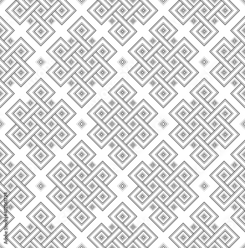 Geometric tibetan seamless pattern from endless knot. Oriental sacred geometry and asian folk style. Black and white template for textile, wrapping paper and other surfaces, vector.