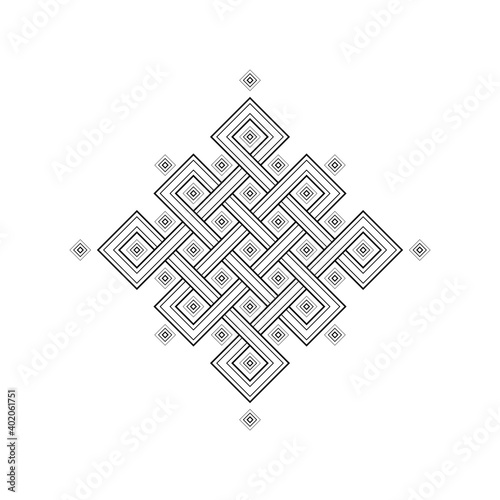 Geometric tibetan endless knot. Sacred geometry and folk style. Black and white graphic stencil, vector.