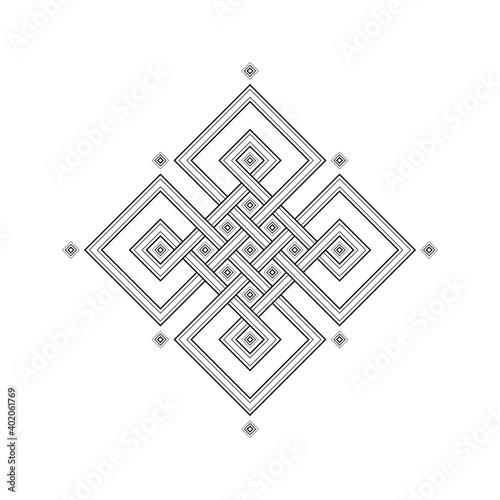 Geometric tibetan endless knot. Sacred geometry and folk style. Black and white graphic stencil, vector.